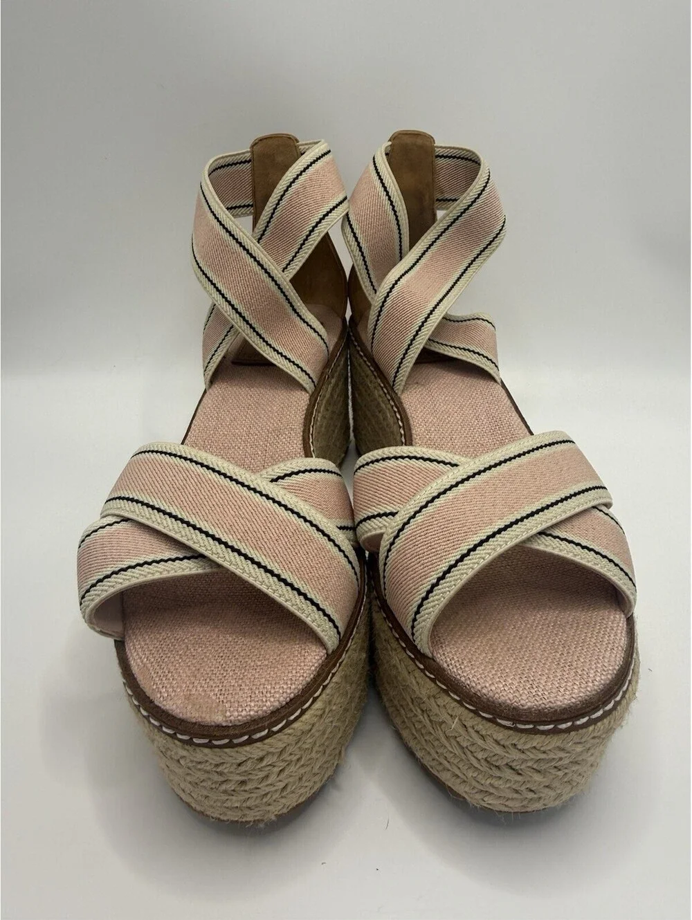Tory Burch Women Frieda US 7 M Stripe Pink Platform Espadrille Wedge Sandal NWOB